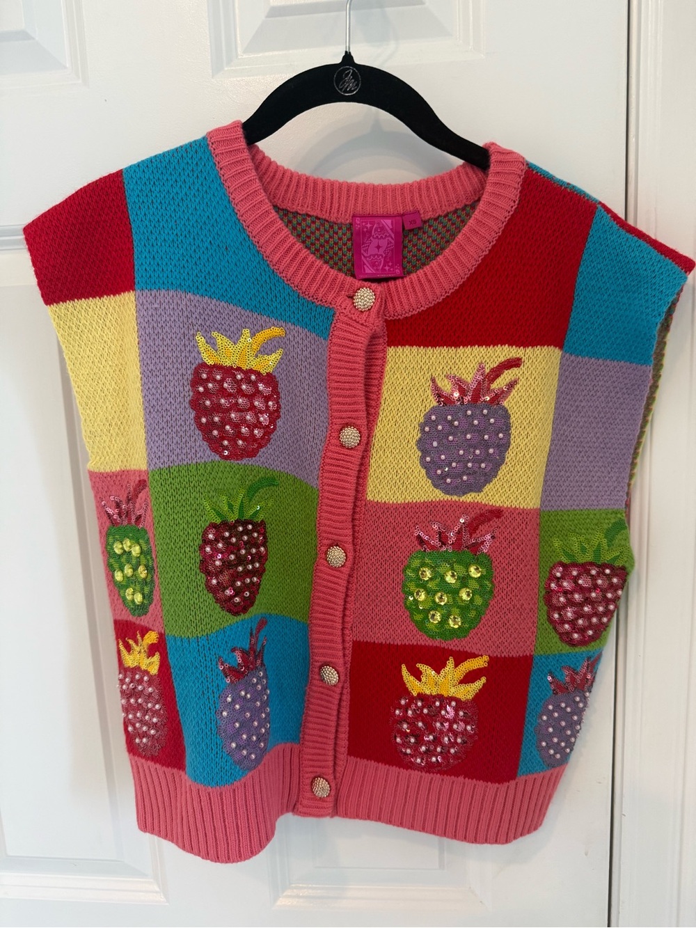 QUEEN OF SPARKLES Multicolor Strawberry Patch Knit Vest - Pink Trim